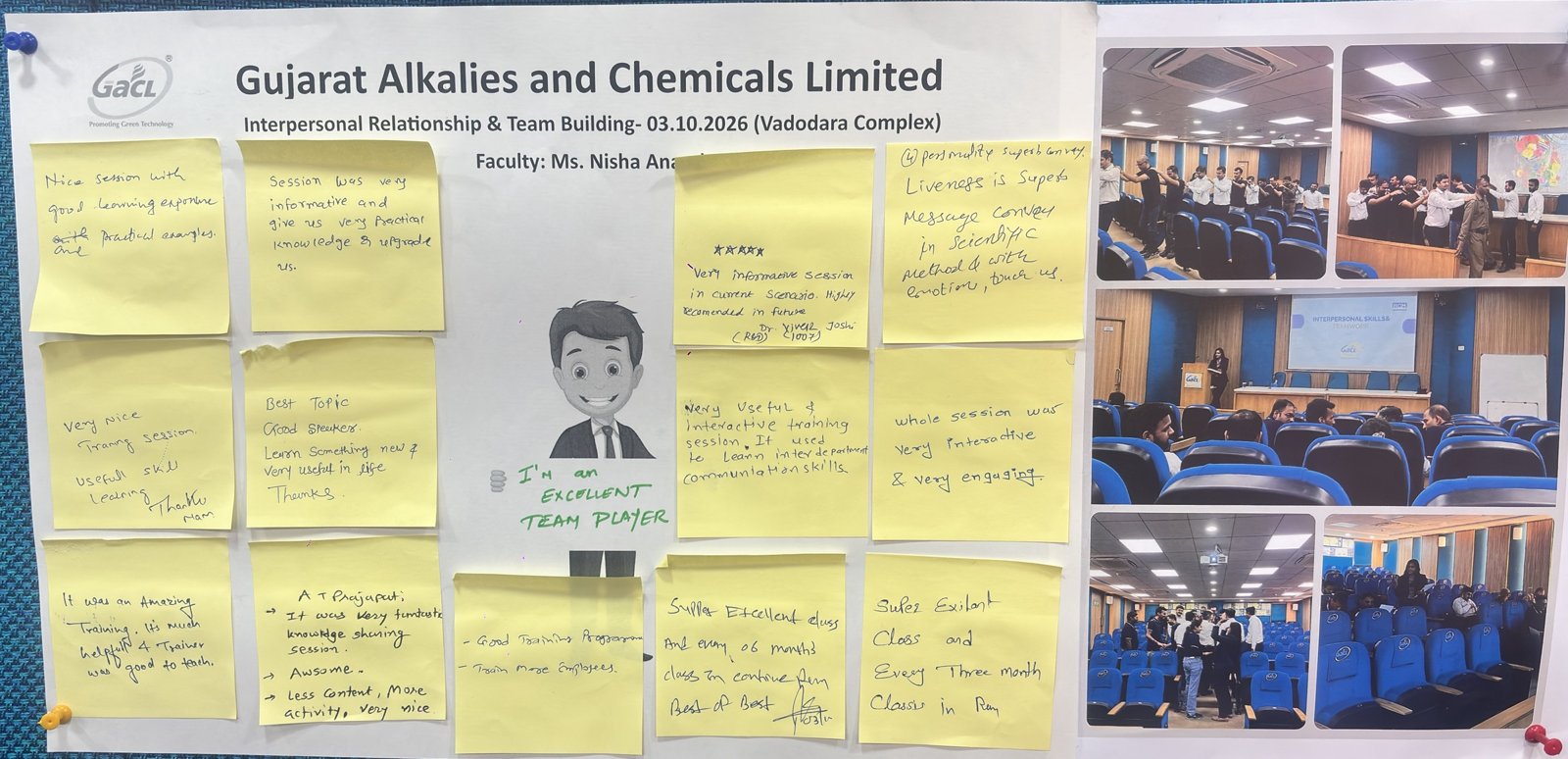 Handwritten participant feedback wall from the GACL Interpersonal Relationship and Team Building session